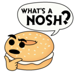 Sesame bagel with a speech bubble asking What's A Nosh